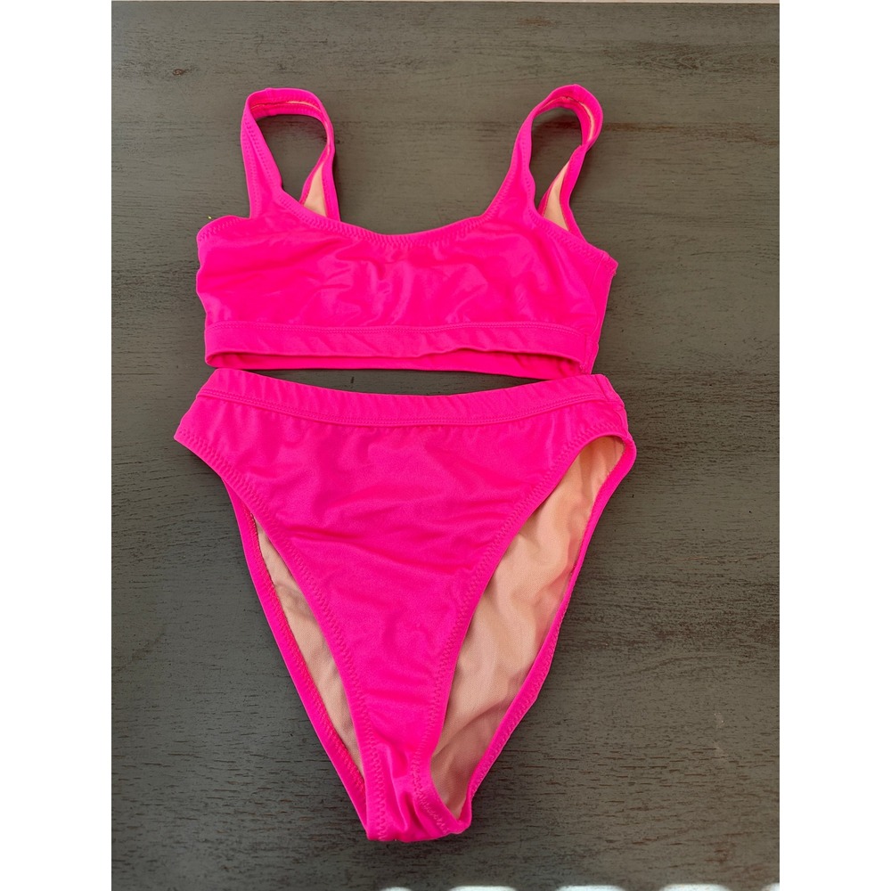 Dixperfect Neon Pink High Cut Bikini Set Medium Scoop Neck High Waist Two Piece